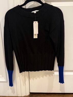 Black Cashmere Crewneck Sweater with Blue Sleeve Cuffs - Women